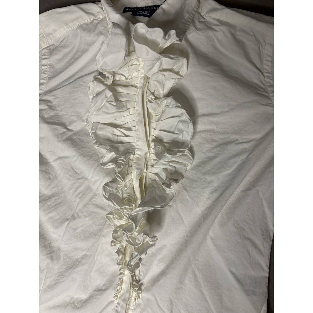 Ralph Lauren Ruffled Front Blouse Women's Size 4 White Long Sleeve Button - Picture 2 of 7